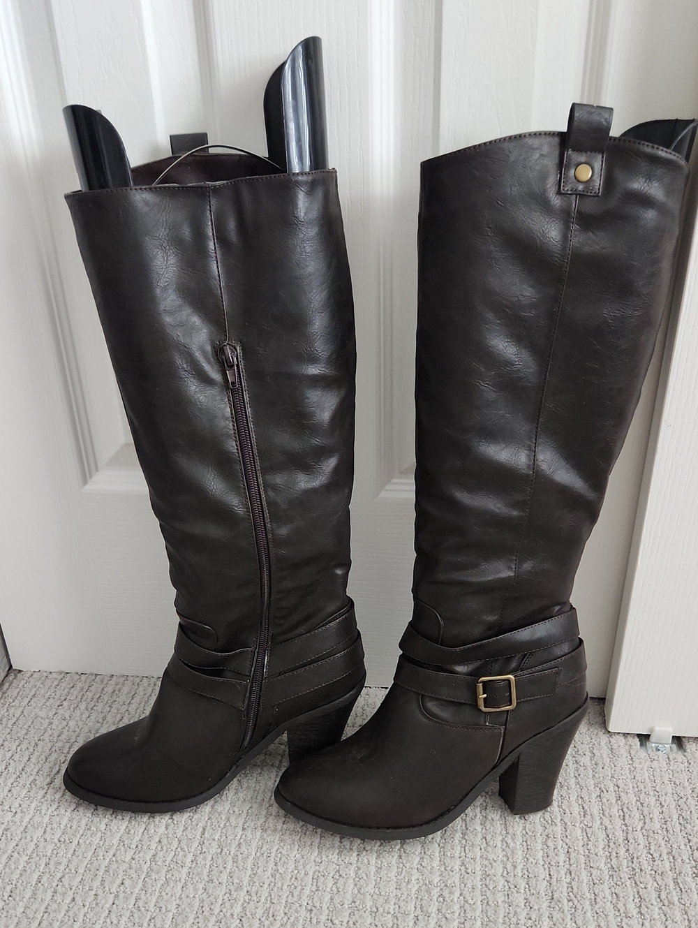 Women's Tall Buckle Strap Heeled Boots - Dark Brown